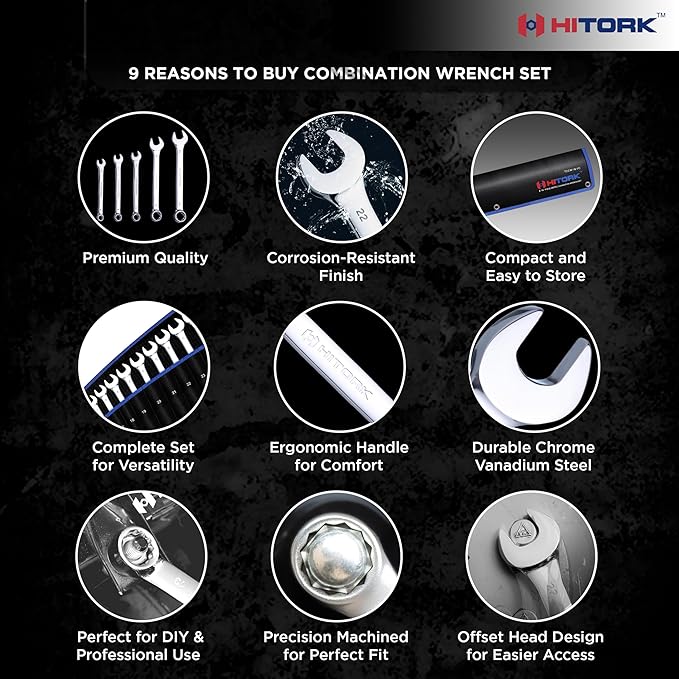 HITORK 32 Piece Wrench Set SAE & Metric 20 Standard & 12 Stubby Combination Wrenches Cr-V Steel 12-Point Mirror Finish 15° Offset with Organizer Tray Ideal for Auto & Home Repair