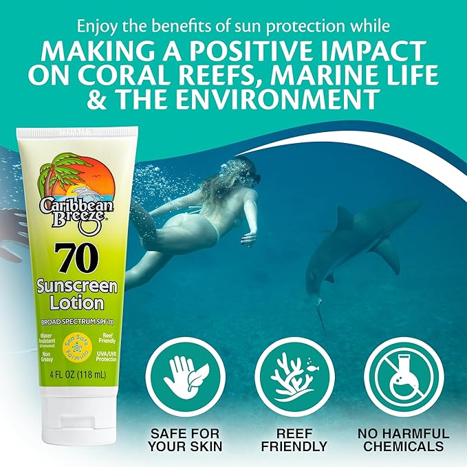 Reef Friendly Sunscreen SPF 70 Lotion, Mango Lime Scent Body Sunscreen Lotion, Rich in Anti Oxidants, Water Resistant Up to 80 Minutes, Broad Spectrum Body Lotion with Sunscreen, 4 oz, 2 Pack