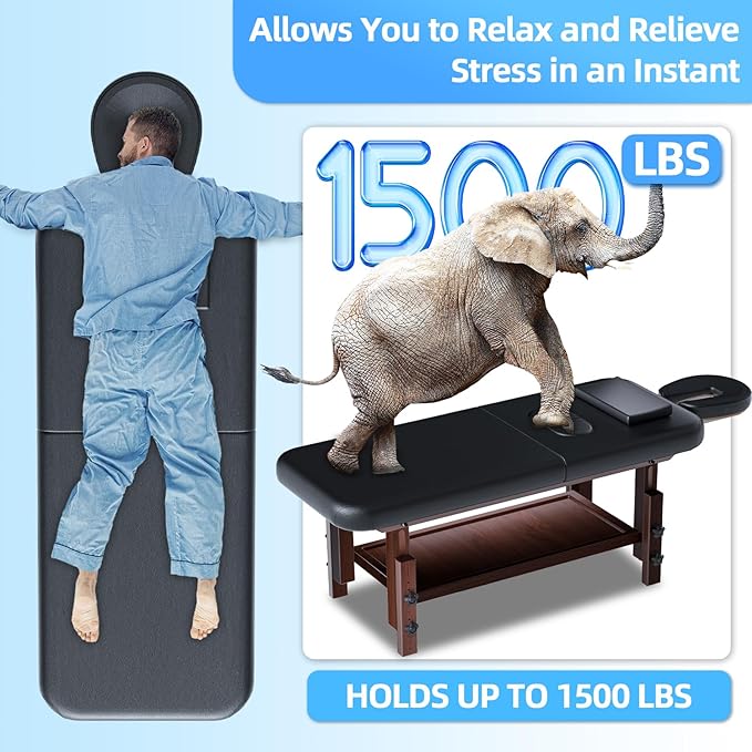 Wood Massage Table with Hight Adjustable Legs and Backrest for Treatment, Black PU Leather Professional Spa Bed Load1500 LBS, Spa Table with Storage for Footmassage Facial CareSpa Tattoo