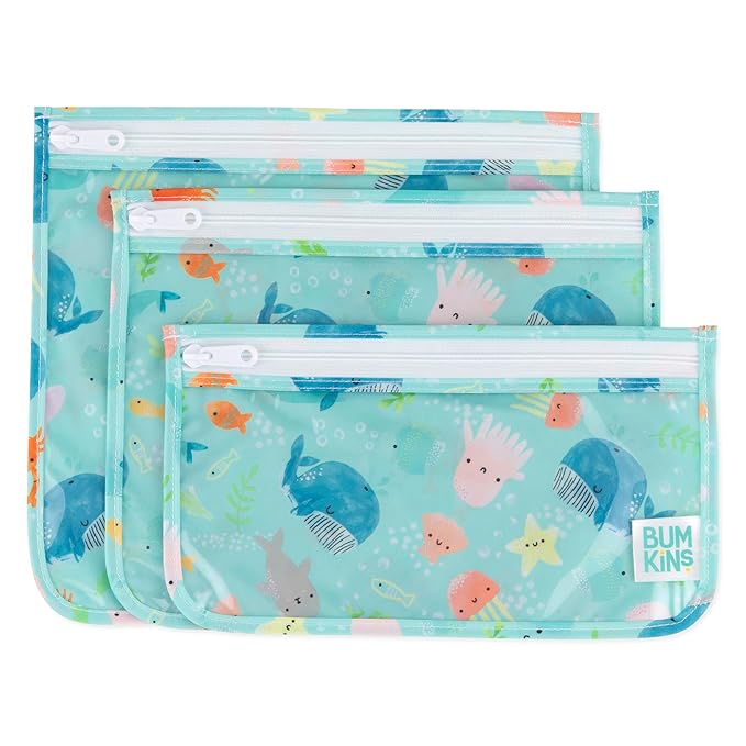 Bumkins Travel Bag, Toiletry, TSA Approved Pouch, Zip Bag, Quart Size Airline Compliant, Clear-Sided, Baby, Diaper Bag Organization, Makeup, Accessories, Packing, Set of 3 Sizes, Ocean Life Blue