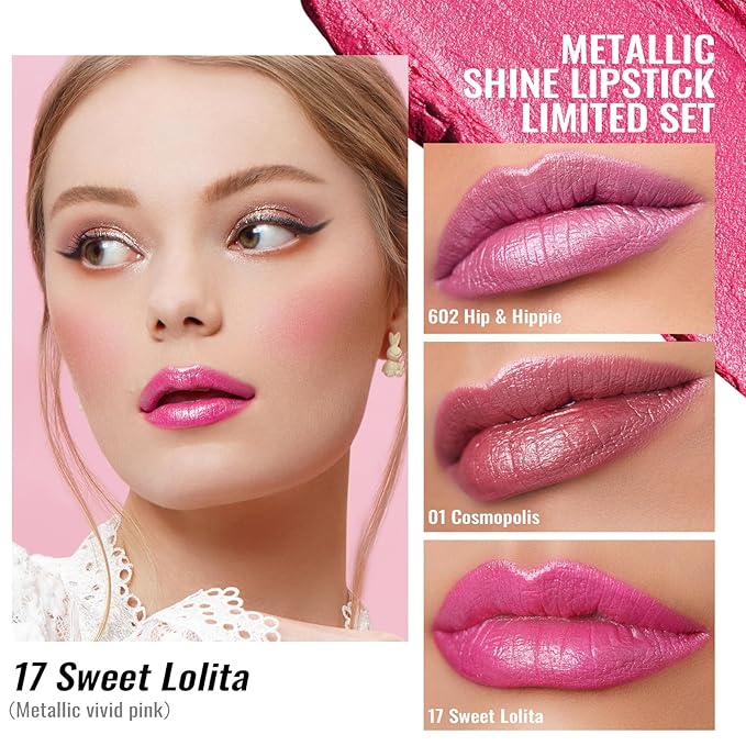 Oulac Metallic Pink Lipstick Set 3PCS, Comfortable Creamy Texture, Smooth No Grainy Feeling, Vegan & Gluten Free, Full-Coverage Lip Makeup, 3 X 4.3 g, 602+01+17