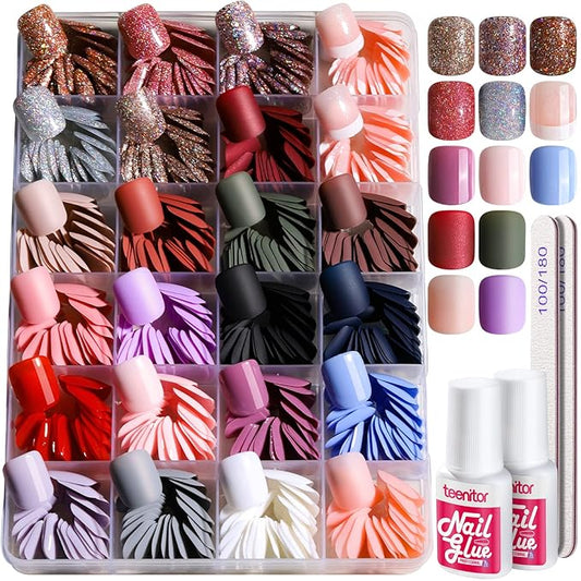 Teenitor 576Pcs Short Square Press On Nails Kit with Matte, Glossy, Glitter, and French Designs
