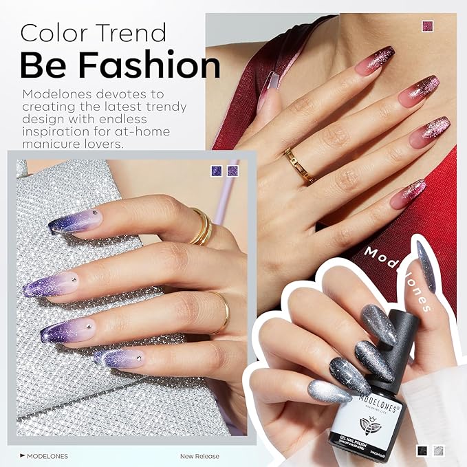 modelones Cat Eye Gel Nail Polish Set, 6 Colors 9D Glassy Cat Eye Glitter Gel Polish Black Red Purple Blue Silver Brown Nail Polish All Seasons with Magnet Soak Off Led DIY Salon Gift