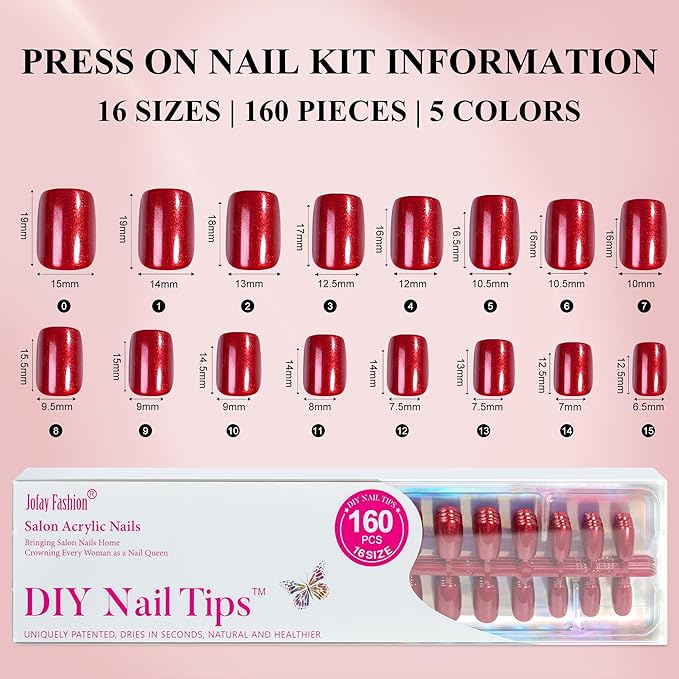 Press on Nails Short, Jofay Fashion 160Pcs Red Glitter Press On Nails Round, Bright Red Acrylic Fake Nails, Reusable Glue on Nails for Women, Salon Quality, Valentines Nails