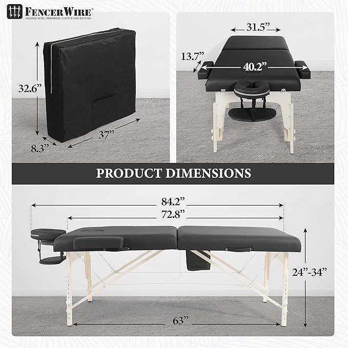 Fencer Wire 84 Inch Premium Memory Foam Massage Table, Foldable Massage Bed, Height Adjustable Spa Bed, Facial Cradle Salon Bed Wooden Legs & Carry Case, Black, 32 Inch Wide