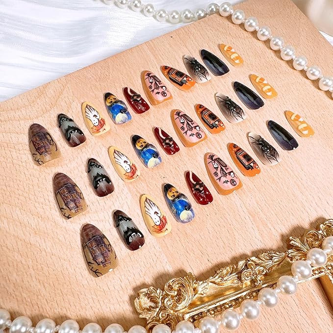 30pcs Halloween Press on Nails Medium Almond Fake Nails with 3D Spider Bat Designs Castle Black Horror Cat Pumpkin Ghost False Nails Kit Halloween Acrylic Nail Tips Full Cover Stick on Nails for Women