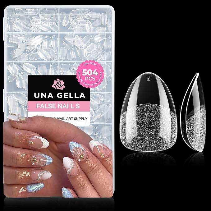 UNA GELLA Extra Short Almond Nail Tips Full Cover 504PCS Gel Nail Tips Short Almond Shaped Nails Tips Soft Gelly Gel Clear Fake Nails Tip for Acrylic Nail Tip Soak Off Home DIY Salon Nails 12 Sizes