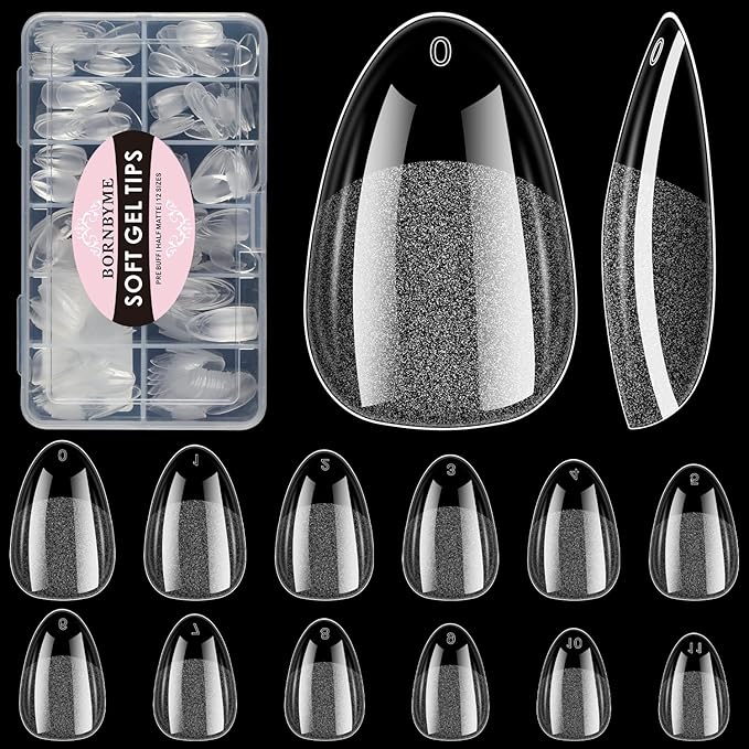 Extra Short Almond Soft Gel Nail Tips, BORNBYME 216 PCS Pre Buff Full Cover Shaped Nail Extenison Tips Half Matte Gel Nail Tips
