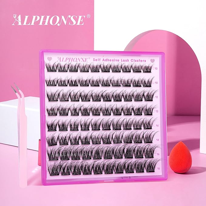 Reusable Self Adhesive Eyelashes Wispy Self Adhesive Lash Clusters Fluffy Press on Lashes Extension 10-16mm Glueless Lashes Clusters with Tweezers by ALPHONSE