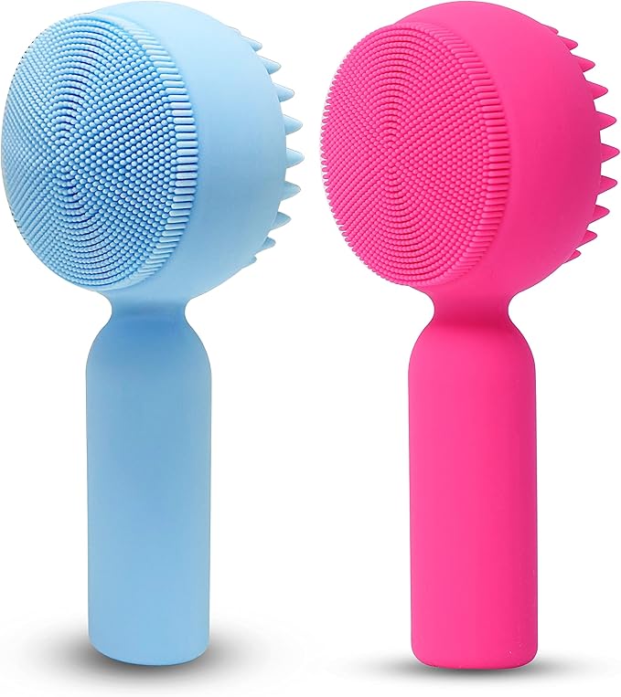 2 PC Silicone Facial Cleansing Brush 2 in 1 Facial Scrubber Manual Exfoliating Facial Brush Face Cleanser Face Exfoliator Ultrafine Bristles for Sensitive Skin Easy to Clean Lather Well(Blue&Rosered)