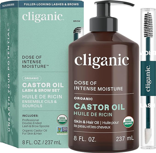 Cliganic Organic Castor Oil, 100% Pure (8oz with Eyelash Kit) - For Eyelashes, Eyebrows, Hair & Skin | Natural Cold Pressed Unrefined Hexane-Free (Packaging May Vary)