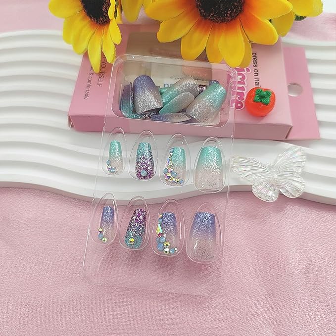 Coffin Press on Nails Short Fake Nails with Glitter Sequins Rhinestones Designs Gradient Nails Press ons Glossy Glue on Nails Blue Acrylic Nails Green False Nails Nude Stick on Nails for Women 24Pcs