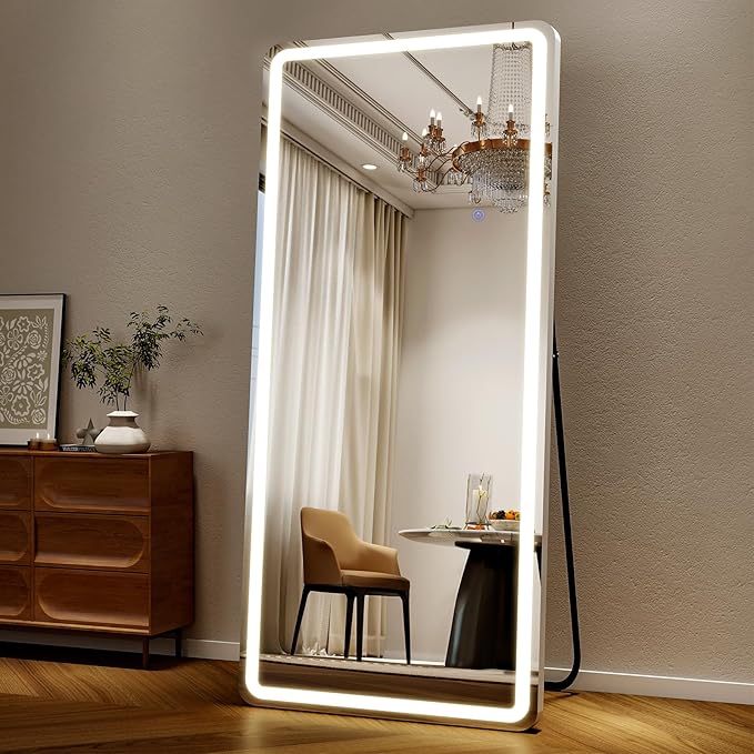 26x68 inch Full Length Mirror with Lights, LED Lighted Floor Standing, Hanging Mirror Full Length with Stand Free, Full Body Dressing Mirrors with Dimmable 3 Color LED