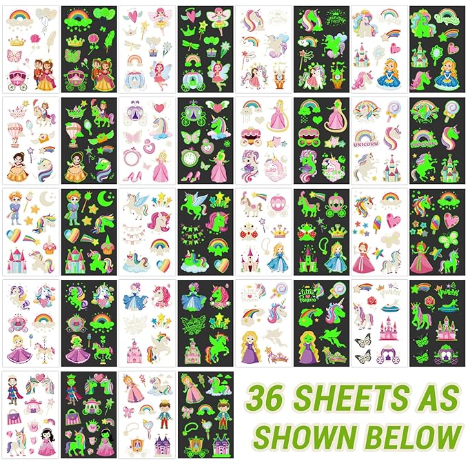 252+ PCS Glow Princess Temporary Tattoo for Kids, 36 Sheets Rainbow Castle Candy Star Prince Fake Tattoos Sticker for Girls Boys, Luminous Birthday Magic Fairy Theme Party Favors Decoration