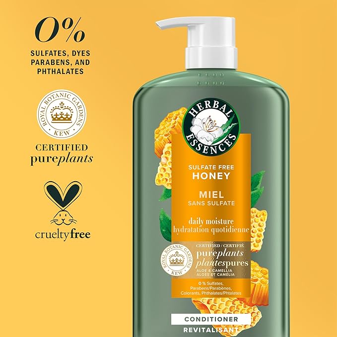 Herbal Essences Honey Daily Moisture Conditioner, Protects and Nourishes Dry Hair, Hydrating Conditioner with Certified Camellia Oil and Aloe Vera, Moisturizing and Safe For All Hair Types, 33.8oz