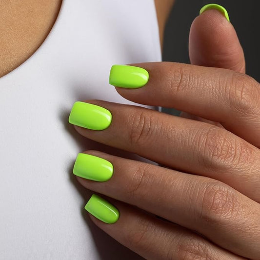 48Pcs Neon Green Press on Nails Short Square Fake Nails Neon Glue on Gel Nails Press ons Acrylic Stick on False Nails for Women Extra Short Nail Small Petite