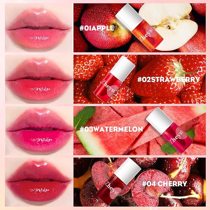 Lip Tint 4 Colors High Shine Non-Sticky Easy Apply Formula Waterproof Lip Stain With Vitamin E Moisturizing Long-Lasting Lip Gloss For Women Buildable Shine Mini Water Lipstick Fruit Extracts