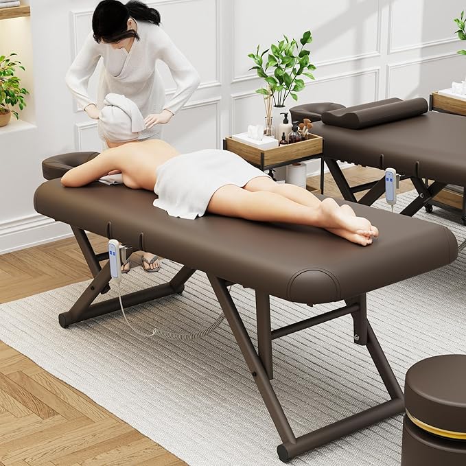 pouseayar Adjustable Massage Table with Face Pillow & Headrest, Sturdy and Solid, Silent and Easy to Adjust - Adjustable Backrest, Electric Leg Lifting, Brown