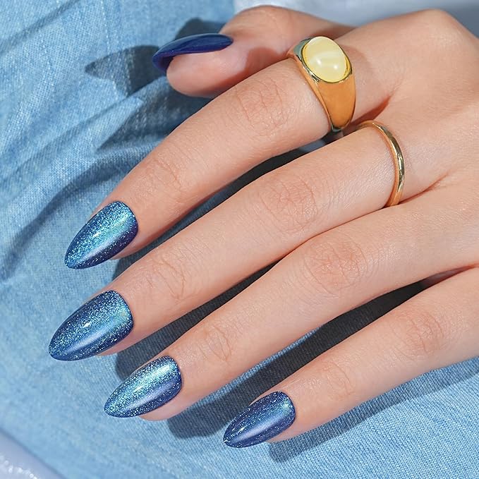 Blue Press on Nails Almond, Jofay Fashion Cat Eye Press on Nails, Soft Gel Fake Nails, Reusable & Natural Acrylic False Nails, Glue on Nails Kit for Women Girls Gift 32 Pcs