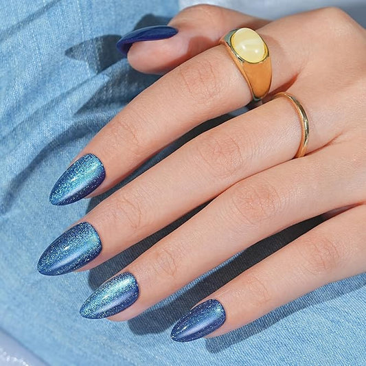 Blue Press on Nails Almond, Jofay Fashion Cat Eye Press on Nails, Soft Gel Fake Nails, Reusable & Natural Acrylic False Nails, Glue on Nails Kit for Women Girls Gift 32 Pcs