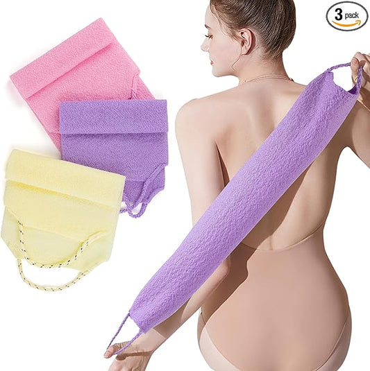 3 Pcs Double-Sided Back Exfoliator Body Scrub Towel, Exfoliating Back Scrubber with Handles,Exfoliating Washcloth Bath Tool in Shower, Stretchable Back Washer to Deep Cleans Skin (Beige,Pink,Purple)