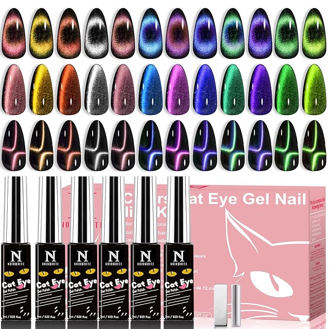 Cat Eye Gel Nail Polish, 12 Colors Sparkly Glitter 9D Chameleon Magnetic Nail Polish Set with Magnet Base Top Coat Soak Off LED UV Nail Art DIY Manicure Home Salon Gift for Women