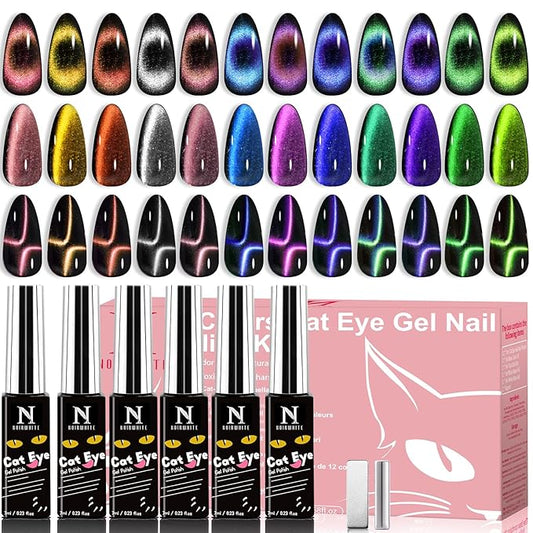 Cat Eye Gel Nail Polish, 12 Colors Sparkly Glitter 9D Chameleon Magnetic Nail Polish Set with Magnet Base Top Coat Soak Off LED UV Nail Art DIY Manicure Home Salon Gift for Women