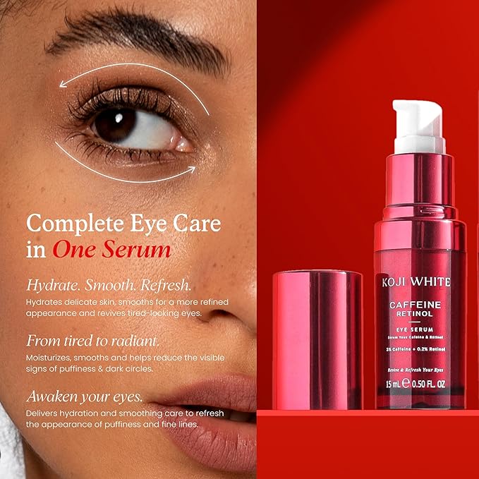 Koji White 3% Caffeine Eye Serum with 0.2% Retinol, Peptides, Hyaluronic Acid & Vitamin C for Puffiness & Dark Circles - Unscented, Vegan, Fragrance-Free 15 ML (0.50 Fl Oz)