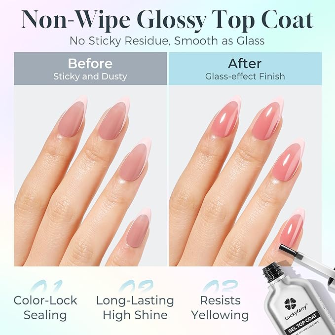 No Wipe Gel Top Coat and Base Coat Set: 2Pcs 15ml Rubber Base, Super Shiny Long Lasting Top Coat Gel Nail Polish, Acid-free Nail Strengthener Soak Off Lamp Needed, Christmas Nail Art Design Gift