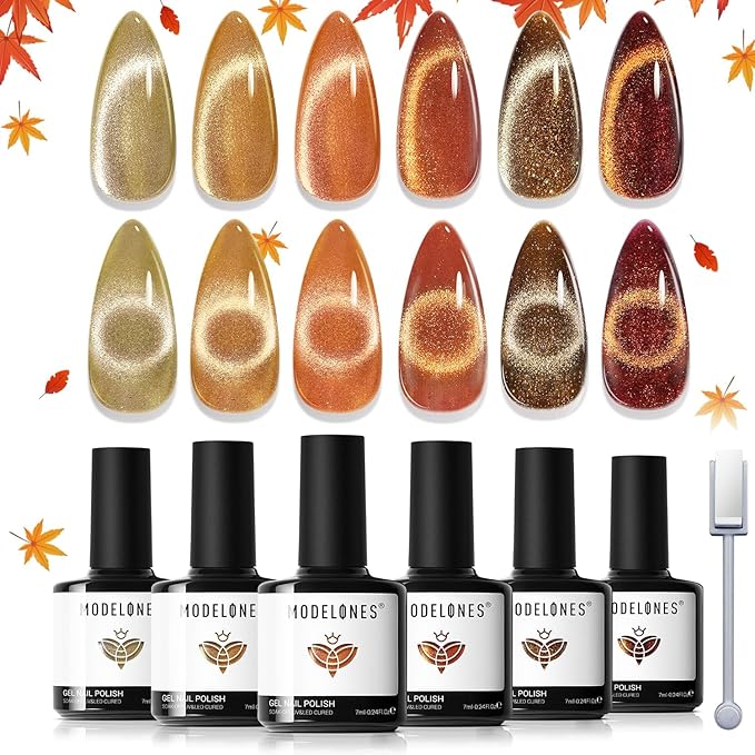 modelones Cat Eye Fall Gel Nail Polish Set 6 Colors Yellow Gold Orange Brown Nude Glitter 9D Cat Eye Gel Polish Maple Gel Polish with Magnet Soak Off Led Nail Art DIY Salon Gifts For Women