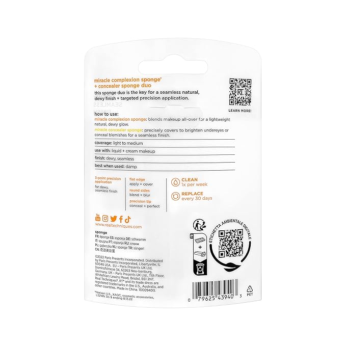 Real Techniques Miracle Complexion Sponge + Concealer Sponge Duo, Makeup Blending Sponges For Foundation & Concealer, Offers Light To Medium Coverage, Natural, Dewy Makeup, Latex-Free Foam 2 Count