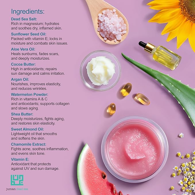 Juman Dead Sea Minerals Watermelon Body Scrub | Infused with Shea and Cocoa Butter | Removes Dead Skin Cells and Rejuvenate Dull Skin | SlS & Paraben Free | Vegan | 11.46 Oz