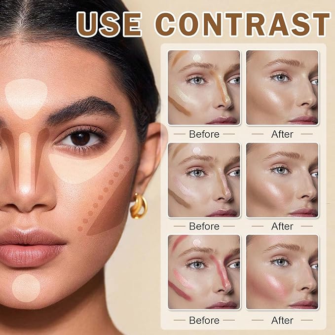 CAHIUYOA 6 Colors Cream Contour Kit with Bronzer and Highlighter Sticks, Beginner & Professional Makeup Set with Sponges and Multifunctional Brush