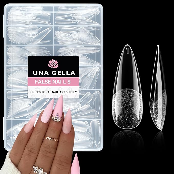 UNA GELLA Long Stiletto Gel Nail Tips: 216pcs Halloween Stiletto Almond Fake Nails Pre-Shape Long Almond Press Ons for Full Cover Acrylic French False Nails for Nail Extension DIY Salon 12 Sizes