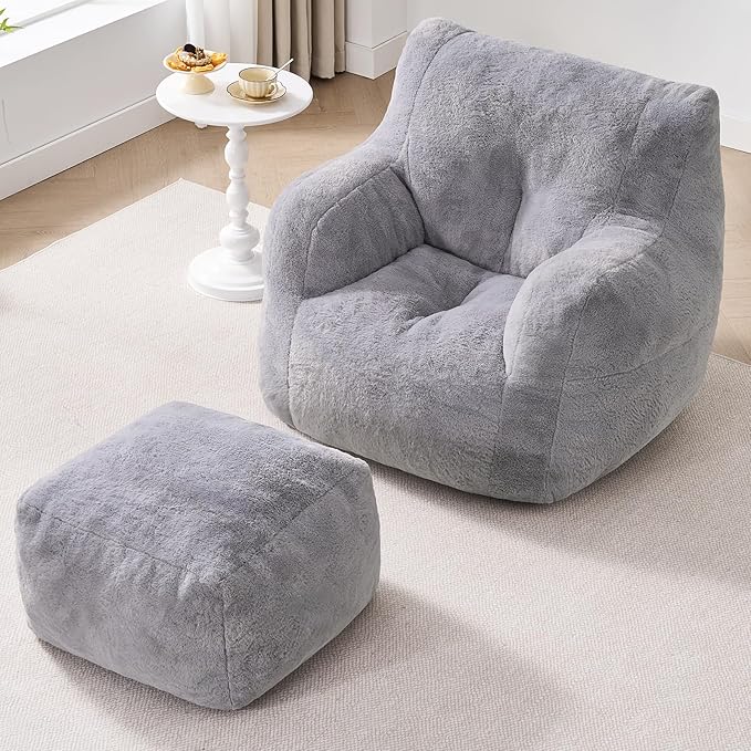 ONBRILL Giant Bean Bag Chairs for Adults with Ottoman, Faux Fur Boneless Chaise Couch Filler with Memory Foam,Large BeanBag Lounge Lazy Floor Sofa Accent Chair for Living Room,Bedroom & Game Rooms