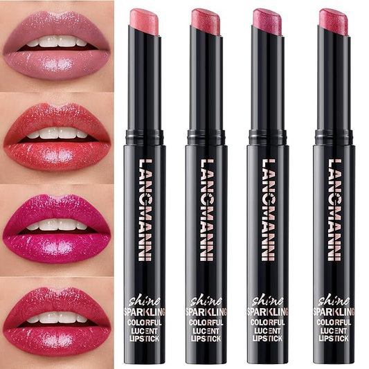 Jolilab 4Pcs Sparkling Lipstick Lip Gloss Long Lasting Waterproof Moisturizer Lip Balm Glitter Shimmer Metallic Lipstick, Diamond Shiny Bold Glow Goth for Women Girls,Non-sticky(01+02+07+08