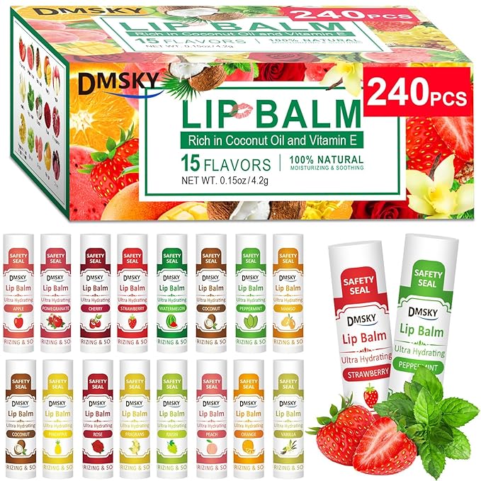 DMSKY 240 Pack Lip Balm, Natural Lip Balm Bulk with Vitamin E and Coconut Oil, Christmas Stocking Stuffers, Christmas Gifts for Women Girls-12 Flavors