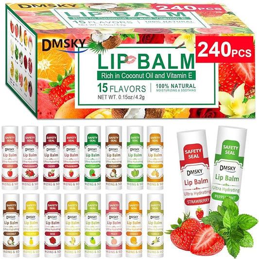 DMSKY 240 Pack Lip Balm, Natural Lip Balm Bulk with Vitamin E and Coconut Oil, Christmas Stocking Stuffers, Christmas Gifts for Women Girls-12 Flavors