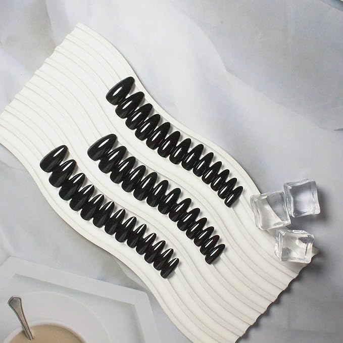48Pcs Black Press On Almond Shaped Nails - Medium Length, Stiletto, Thick Natural Acrylic Gel Finish