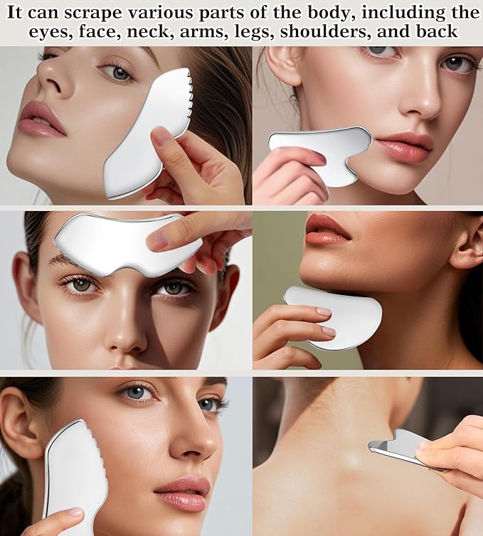 Gua Sha Facial Tools, 3 in 1 Stainless Steel Metal Guasha & Eye Cream Applicator Facial Sculpting Tool Set Eye Massager Lymphatic Drainage for Face Neck (Gift Box Set)(Boxed 2, Count, 3)