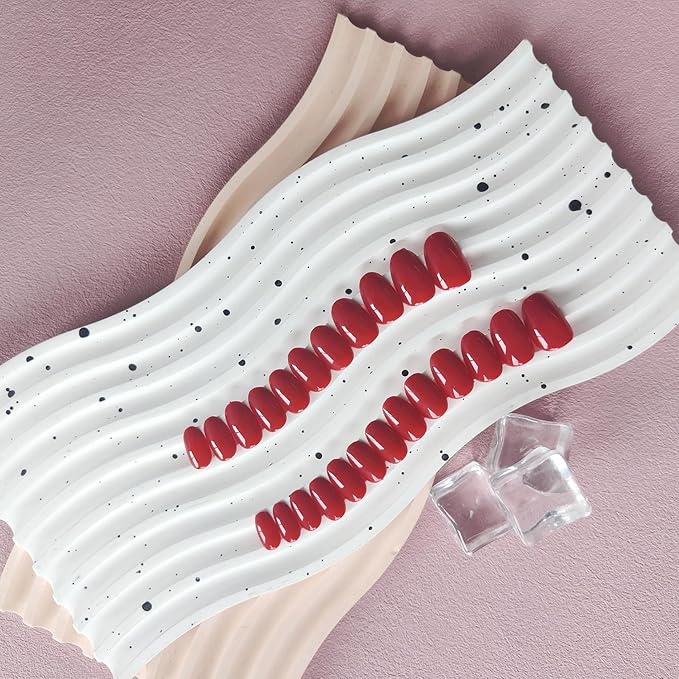 Cherry Red Press on Nails Short Almond Fake Nails Press ons, Thick Solid Color Glue on Nails Short False Nails, Medium Almond Nails Oval Round Shaped Nails for Women, 24Pcs Natural Acrylic Gel Nails
