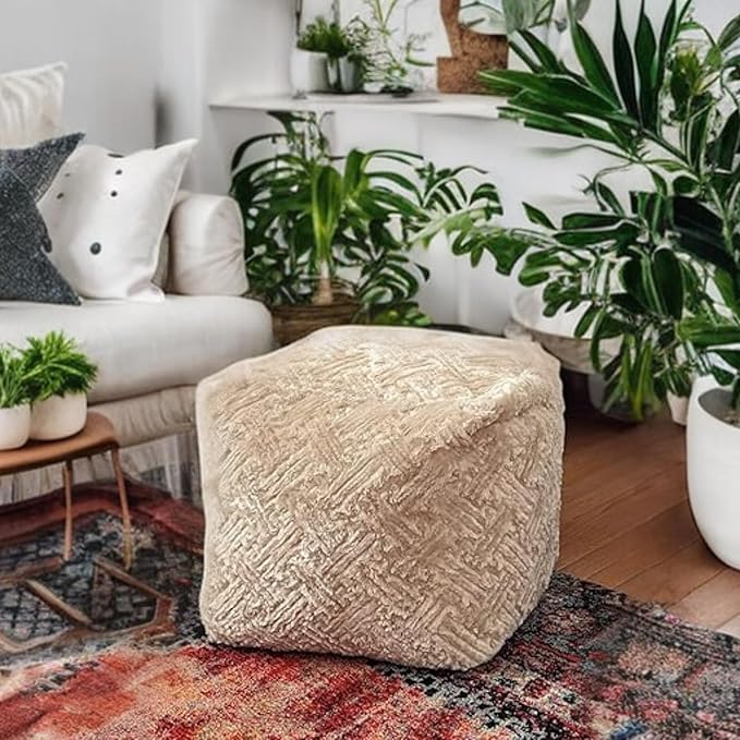 DaDalogy Bedding Champagne Ivory Gold Faux Fur Ottoman Pouf Cover - Nude Neutral Elegant Cozy Soft Pattern with Zipper (Unstuffed) Large 18" x 18" x 18"