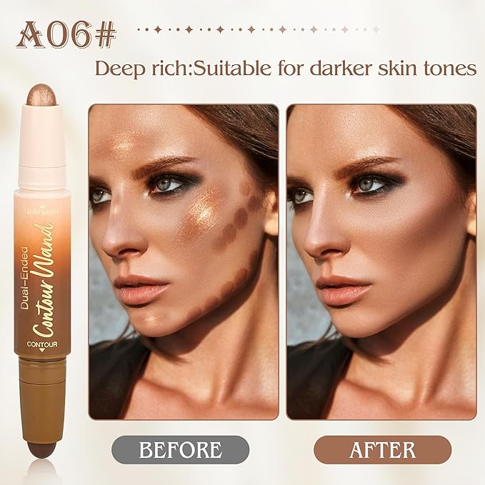 Contour Highlighter Stick，2in1 Dual-Ended Cream Bronzer&Highlighter Sticks Pen for Face Body Contouring Makeup- Buildable，Waterproof, Easy to Apply Suitable for Beginners，06Black Cocoa+Bronzer Shimmer