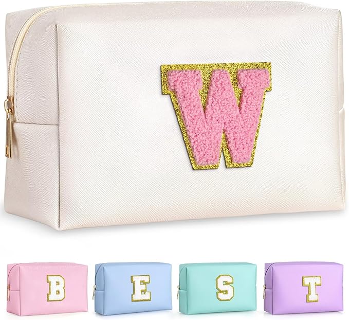TOPEAST Initial Makeup Bags for Women, Cute Makeup Pouch, Waterproof Travel Toiletry Bag, Personalized Gifts for Girlfriend on Valentine's Day Anniversary, Preppy Stuff Gift for Girl (Pearly White W)