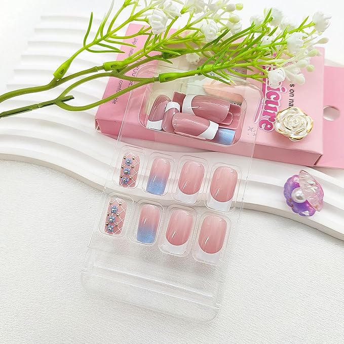 Spring Press on Nails Medium Square Fake Nails with 3D Flower Pearl Designs White French Tip Nails Press ons Glossy Glue on Nails Blue Gradient Acrylic Nails Nude Stick on Nails for Women 24Pcs