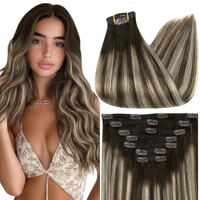 Full Shine Human Hair Clip in Extensions Balayage Dark Brown Clip on Hair Extensions Double Weft Dark Brown Ombre Platinum Blonde Straight Hair Extensions 14 Inch 7 Pcs 120 G