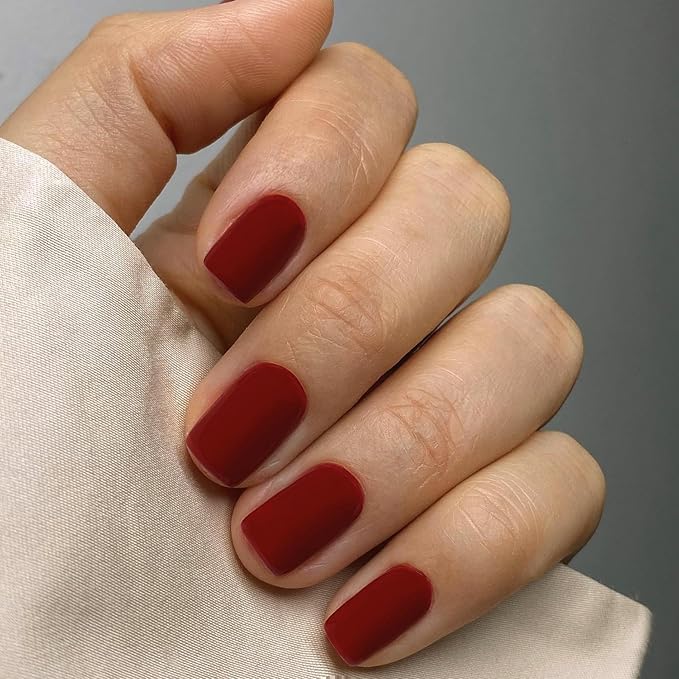 48Pcs Matte Wine Red Press on Nails Short Square Fake Nails, Red Glue on Nails Short Gel Nails Press ons, Acrylic Nails Stick on False Nails for Women, Natural Handmade Thick Extra Short Nails Petite