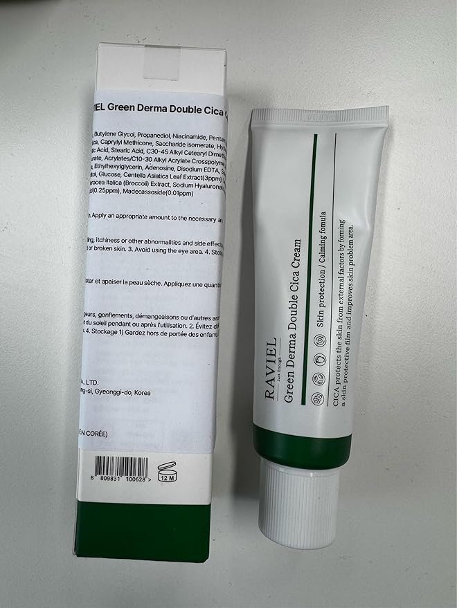 RAVIEL Green Derma Double Cica Cream | Redness relief & Skin Barrier Protection | Calming & Soothing, Deep Hydration Moisturizer for All Skin Types | Korean Skincare (1.7 fl oz, Pack of 1)