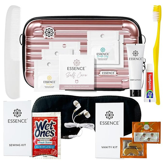 Essence Travel Amenity Kit - Compact Wellness Organizer with 5 Nasal Diffusers + 9 Traveler Comfort Essentials for Flights, Hotels & Adventures - Wearable Aromatherapy Self-Care On the Go