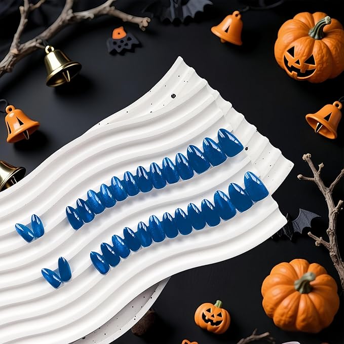 KQueenest Cat Eye Press On Nails Short, Acrylic Press On Nails Almond, Sparkle Vibrant Royal Blue Fake Nails With Glue, Recycled Soft Gel Glue On Nails for Woman, Long-Lasting Glitter Effect, 30 Pcs